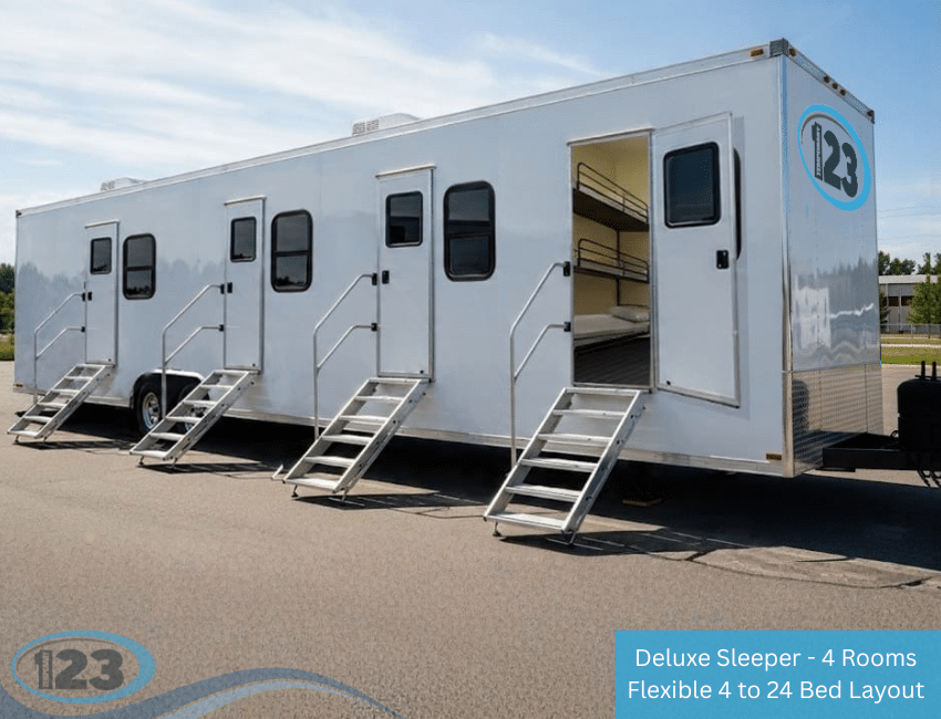 Exterior of a four-room mobile sleeper bunk-bed trailer