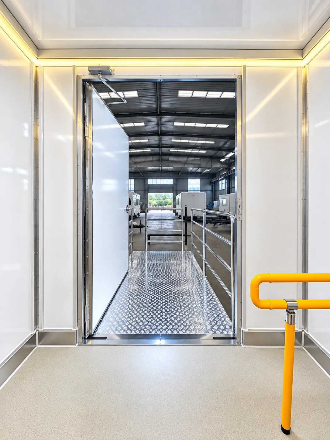 Interior of the 8-stall plus 1 ADA shower and restroom trailer